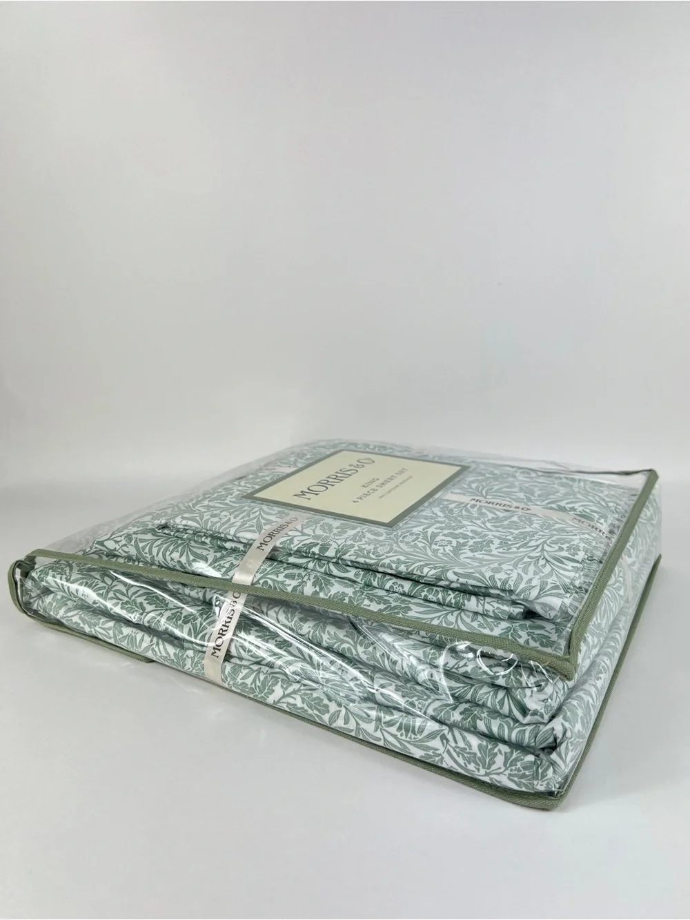 William Morris Co King Sheet Set Acorn Green White 100% Cotton Percale 4 Pc NEW